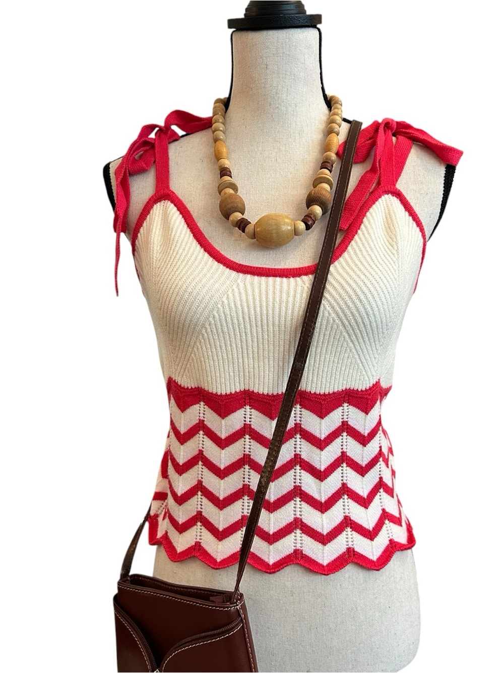 Pink Lily Red/Cream Chevron Knit Tie Strap Tank Top Scalloped Hem Boho | XL